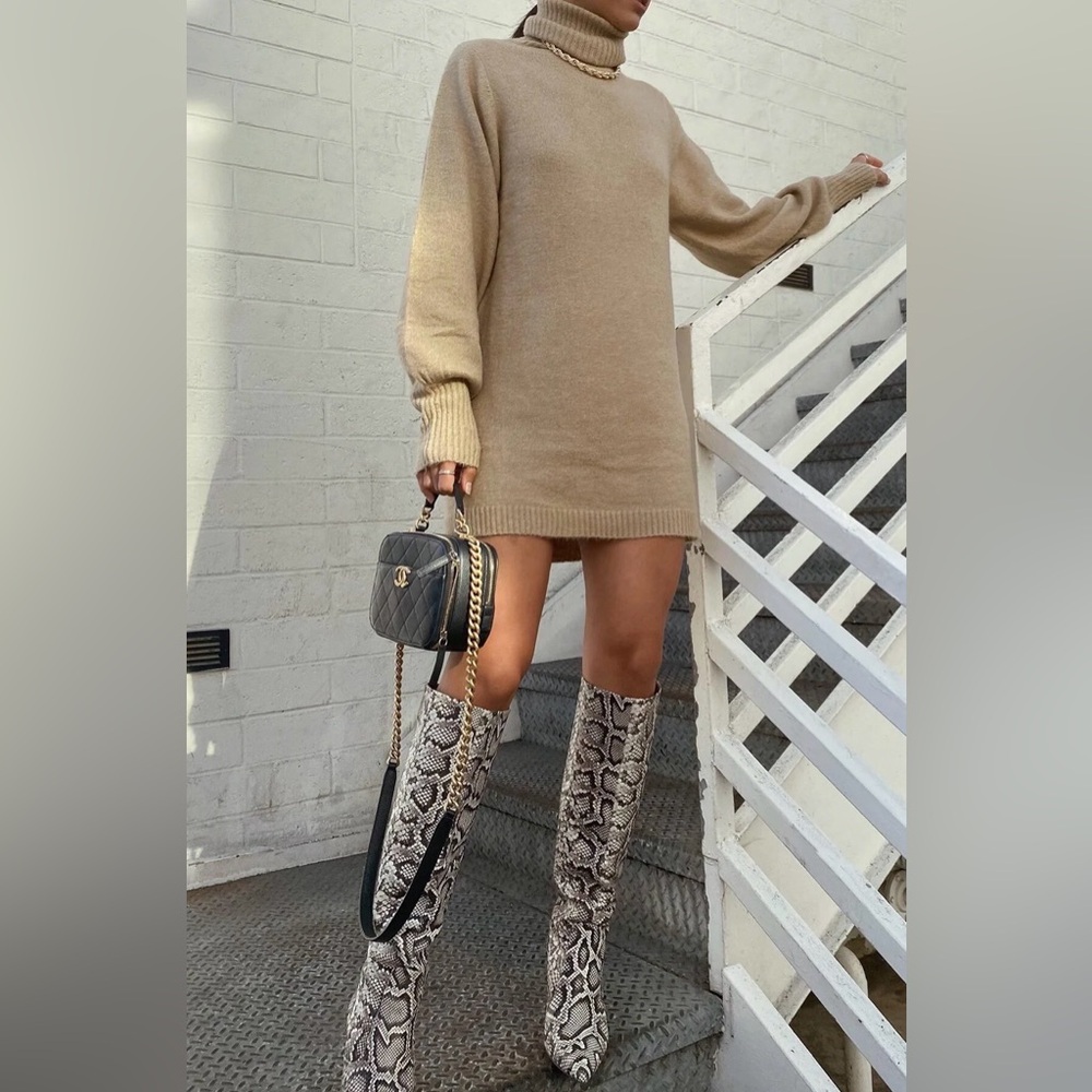Princess Polly Zahara Mini Sweater Dress Beige US 2 Small Turtle Neck